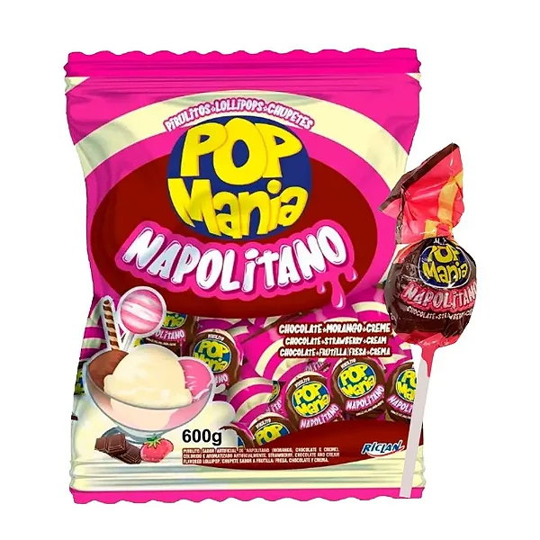 Pirulito Pop Mania Maxxi Napolitano Riclan 500g – Pacote com 50 Unidades