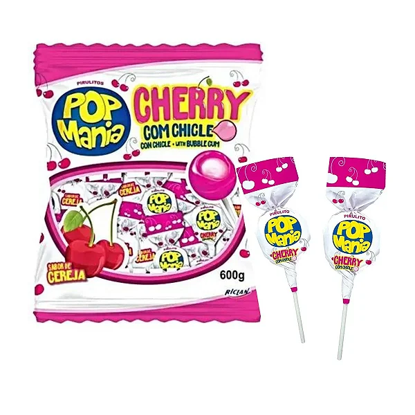 Pirulito Cherry Cereja Recheado com Chiclete Riclan 500g – Aproximadamente 24 Unidades