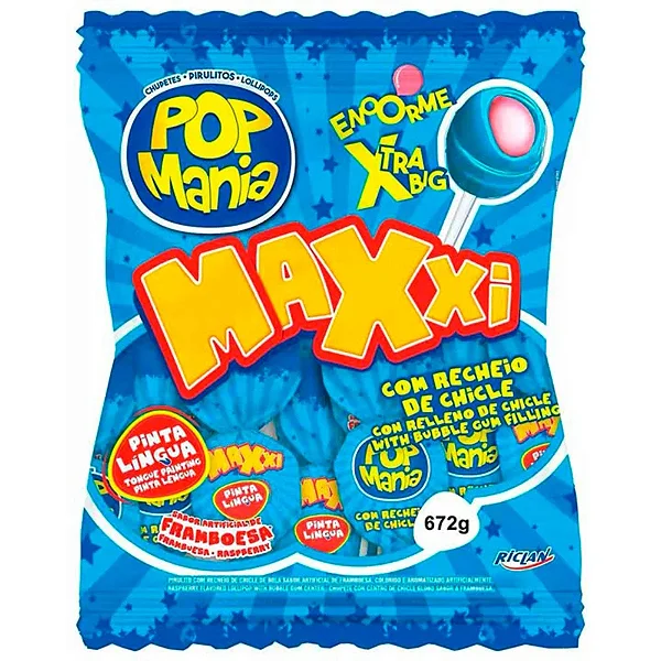 Pirulito Pop Mania Maxxi Framboesa com Recheio de Chiclete 672g – 24 Unidades