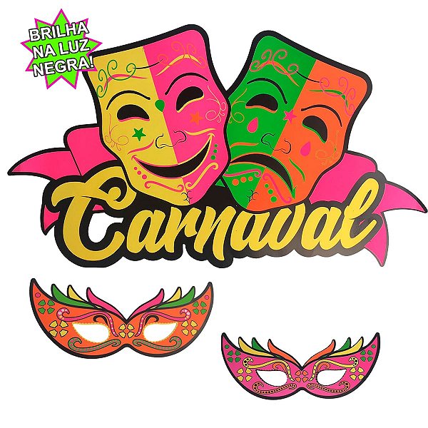 Painel Carnavalesco Máscaras Tragédia e Comédia Neon – 64x40cm