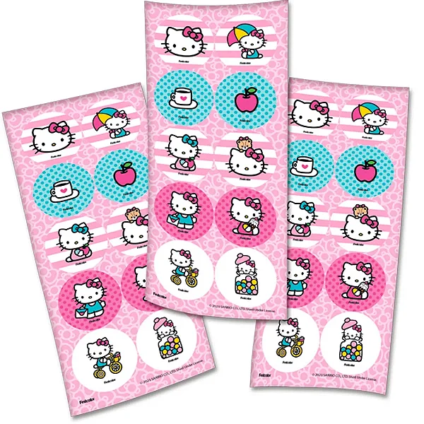 Adesivo Decorativo Redondo Hello Kitty - 3 Cartelas Com 10 Adesivos Cada (30 Unidades)