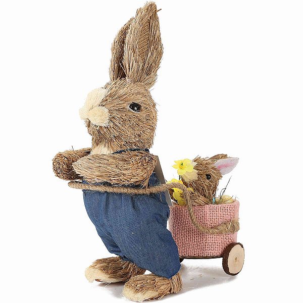 Enfeite Coelho de Palha com Carrinho – 30x20cm