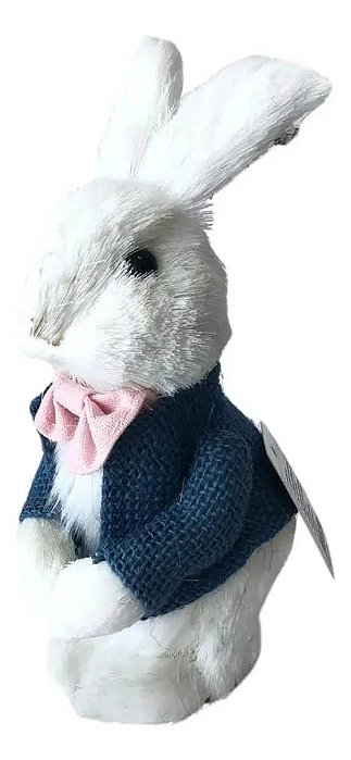 Coelho de Palha Branco com Paletó Azul – 20cm