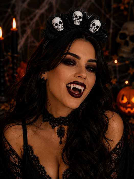 Tiara Halloween Caveira com Véu e Teia