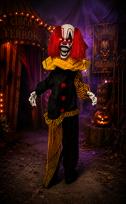 Palhaço Animado em Pé Halloween com Som, Luz e Movimento – 1,65m