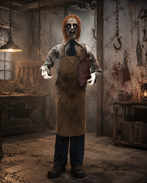 Zumbi Açougueiro Animado Halloween 1,75m – Som, Luz e Movimento