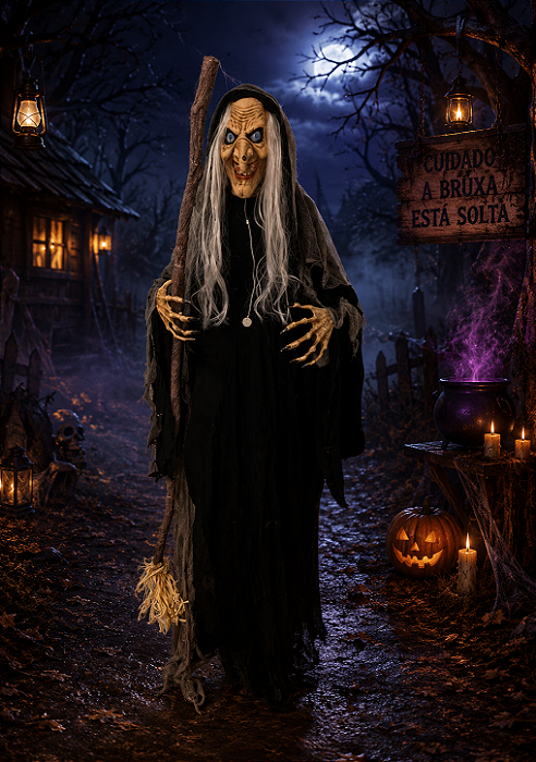 Bruxa em Pé Animada Halloween – 1,82m – Som, Luz e Movimento