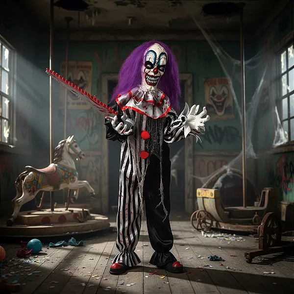 Boneco Palhaço Animado Halloween – 1,70m – Som, Luz e Movimento