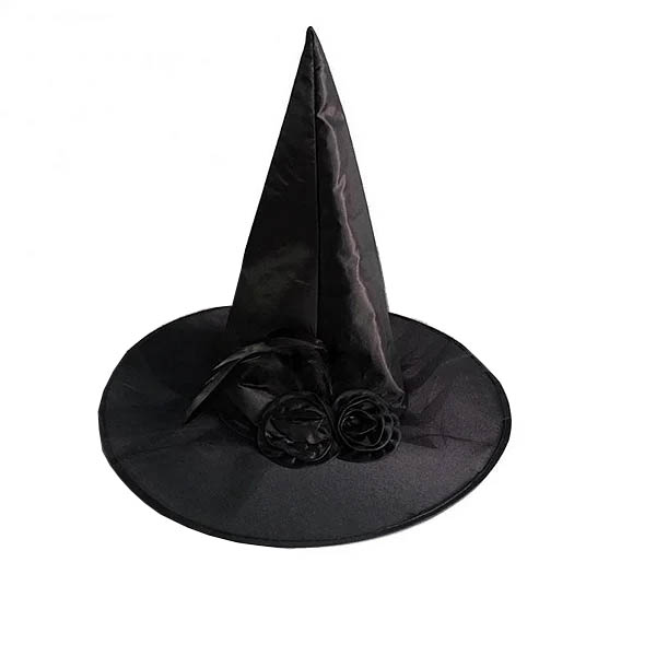 Chapéu de Bruxa em Cetim com Rosas e Penas – Fantasia e Decoração