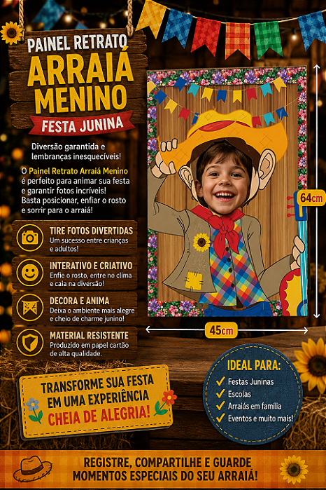 Painel Retrato Arraiá Menino Festa Junina 64x45cm – Decoração Junina