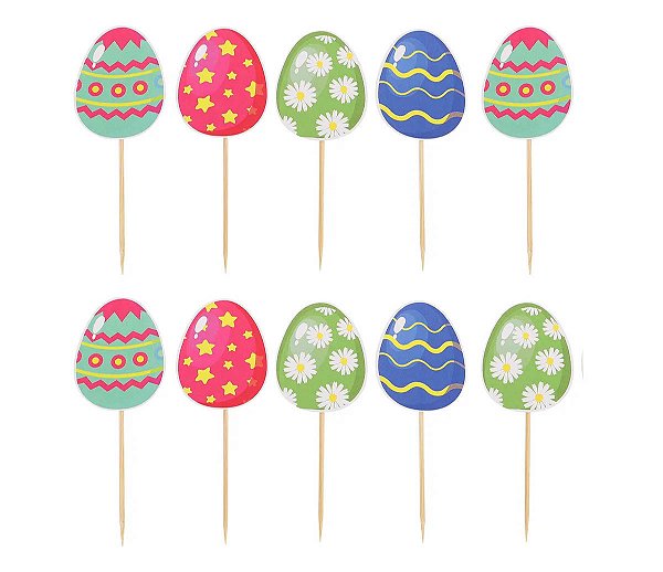 Palito Decorativo Ovos 12cm – Estampas Variadas - 10 Unidades