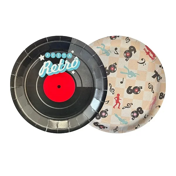 Prato de Papel Redondo - Festa Retrô - 18cm - 8 Unidades