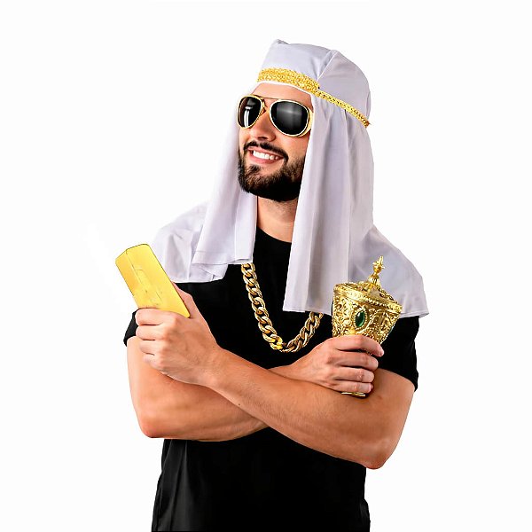 Turbante Sheik Árabe Masculino Adulto Branco e Dourado de Luxo