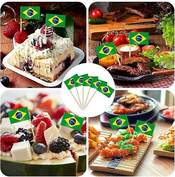 Palitos de Dente Decorativos com Bandeirinhas do Brasil – 100 Unidades