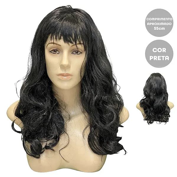 Peruca Longa Ondulada Preta com Franja para Festas
