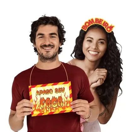 Kit Tiara e Plaquinha Divertida Carnaval “Apago Seu Fogo + Bombeiro(a)” – Acessório para Bloquinho