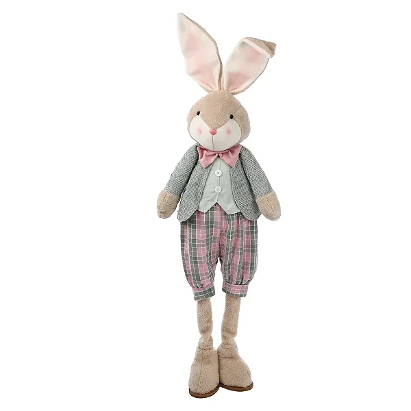 Coelho Decorativo Perna Retrátil 90 a 140cm Tecido Xadrez Marrom/Rosa/Verde – Crumble Cromus