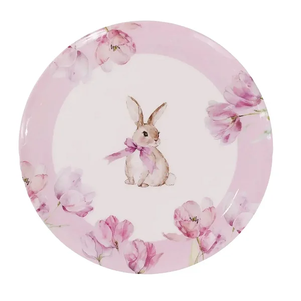 Prato de Sobremesa de Páscoa Coelho com Flores em Melamina 20cm – 1 Unidade
