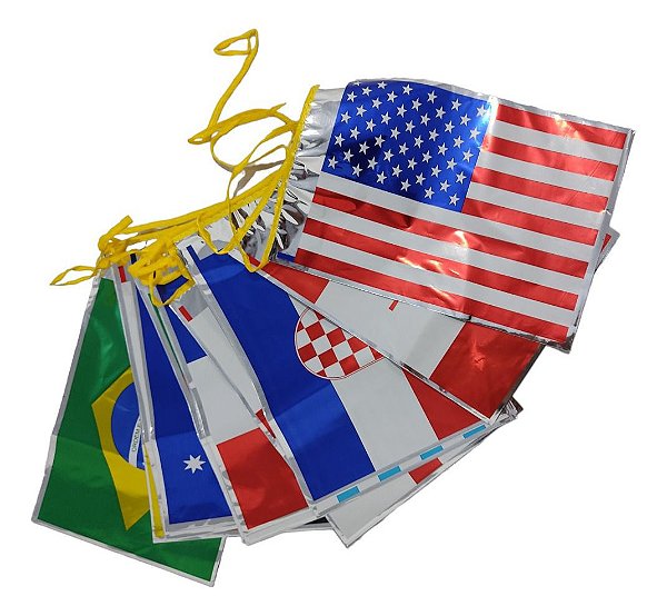 Varal Bandeira Metalizada de Países 7m – 18 Bandeiras Coloridas