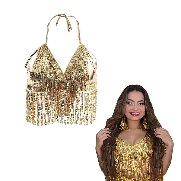 Top Cropped Carnaval com Franja Dourado Metálico – Brilho e Estilo para Festas