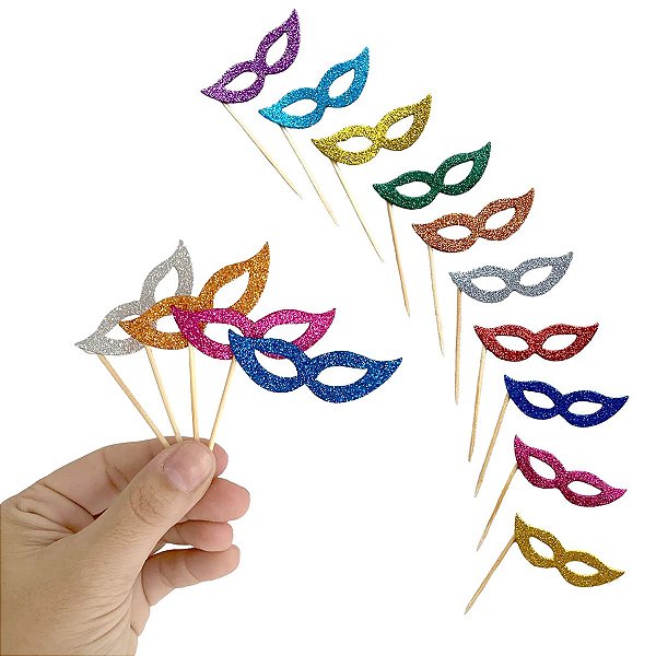 Palitos Decorativos Máscara Carnaval com Glitter – Kit com 10 Unidades