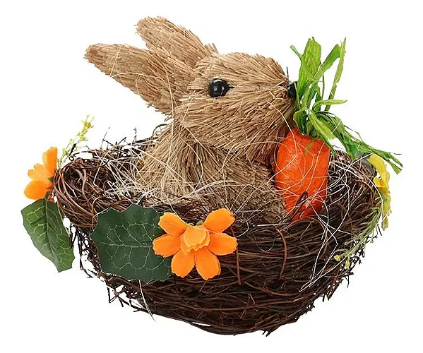 Enfeite de Páscoa Coelho com Cenoura Beje 15cm – Decoração Rústica e Charmosa