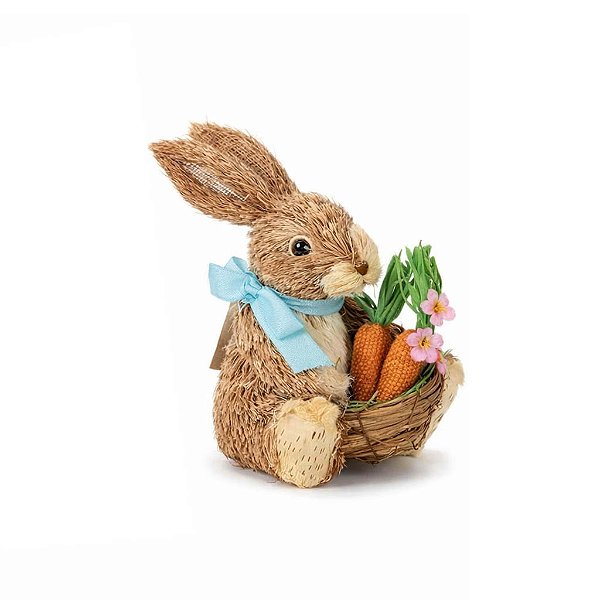 Coelho de Páscoa com Cesta Azul 20cm – Decorativo em Palha