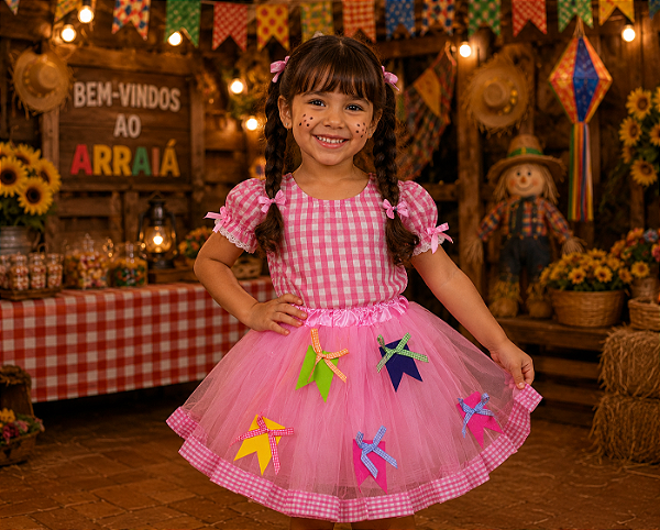Saia de Tule 30cm Mini Bandeirola Rosa – Festa Junina / Arraiá / Quadrilha