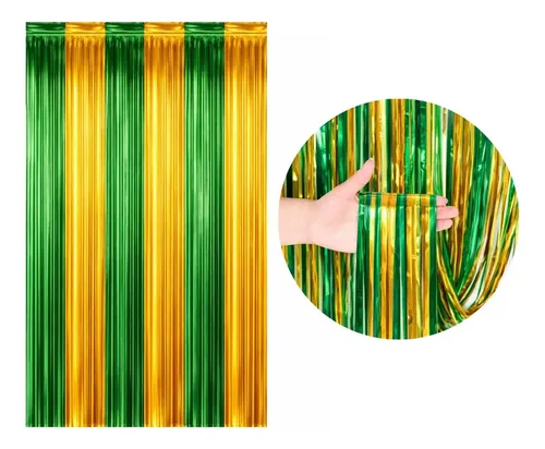 Cortina Decorativa Metalizada Verde e Amarela - 1x2 Metros