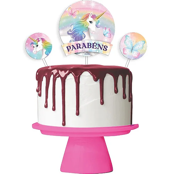 Topo de Bolo Unicórnio – 3 Peças (1 Topo Maior + 2 Decorações)
