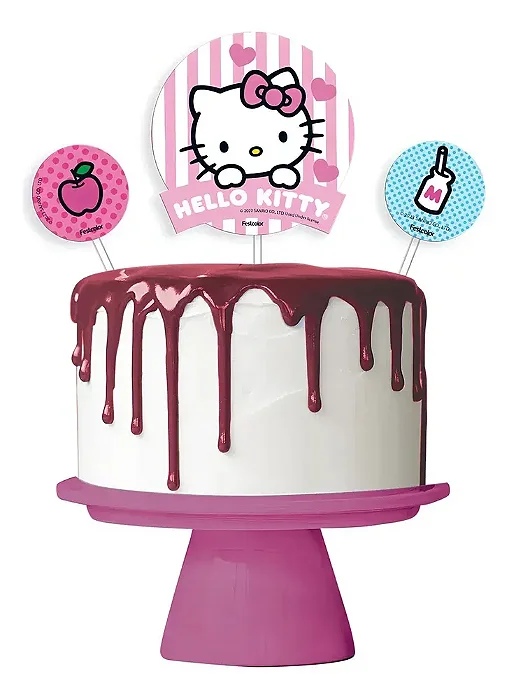 Topo de Bolo Festa Hello Kitty - 3 Unidades (1 Topo de Bolo e 2 Decorações)