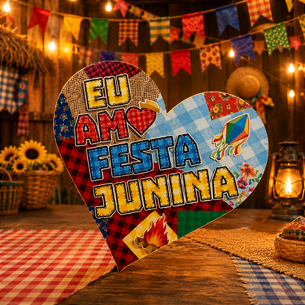 Enfeite De Mesa Em EVA Coração "Eu Amo Festa Junina" 15x15cm - Sortidos