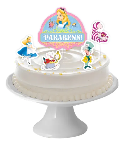 Topo para Bolo Festa Alice No País Maravilhas - 5 Unidades (1 maior e 4 menores)