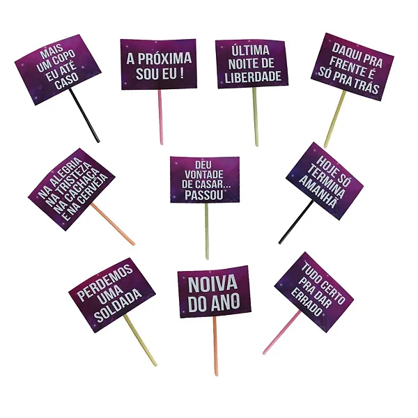 Plaquinhas Despedida de Solteira Roxo com 10 Unidades – Acessórios Divertidos para Festa