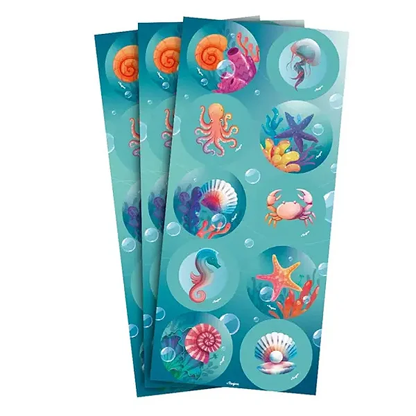 Adesivo Redondo Fundo do Mar - 3 Cartelas Com 10 Adesivos Cada (30 Unidades)