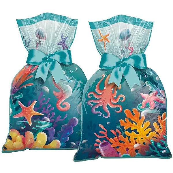 Sacola Plástica Festa Fundo do Mar 27cm x 14cm - 8 Unidades