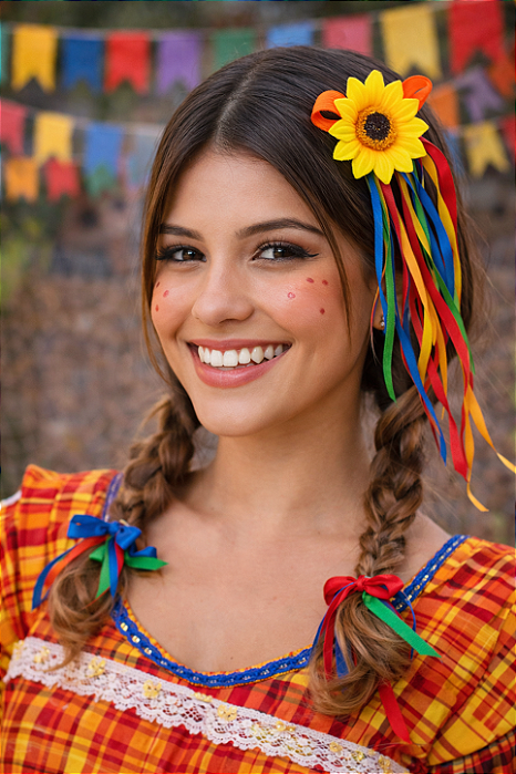 Presilha Girassol Festa Junina para Cabelo com Fitas em Tecido
