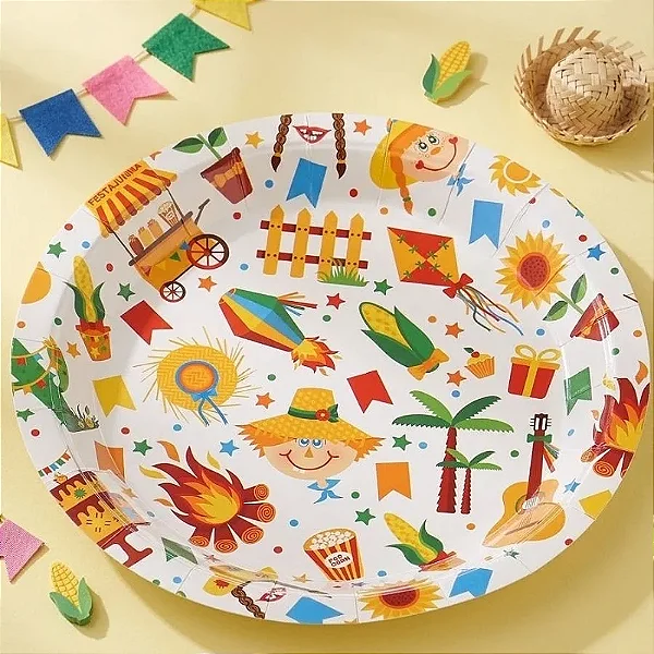 Prato de Papel Redondo Festa Junina 18cm - 8 Unidades