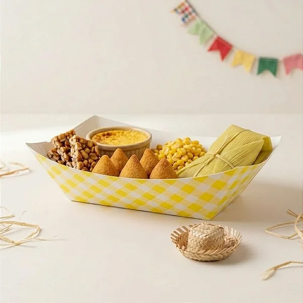 Bandeja de Papel Xadrez Amarelo Festa Junina 15cm – Kit com 10 Unidades para Doces e Lembrancinhas