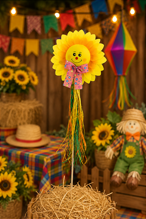 Enfeite Junino Girassol no Palito 48cm – Decoração Festa Junina Colorida