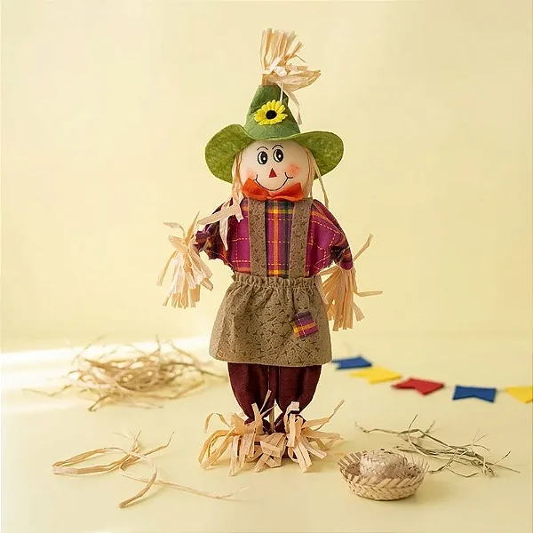 Enfeite Espantalho Festa Junina com Base 36cm – Roupa Xadrez Decorativa
