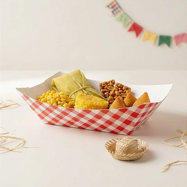 Bandeja de Papel Xadrez Vermelho Festa Junina 15,3x12,5cm – Kit com 10 Unidades para Doces e Lembrancinhas