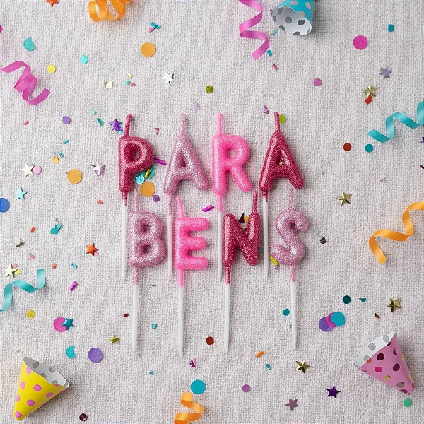 Vela Decorativa "Parabéns" Glitter 8cm para Bolo de Aniversárario