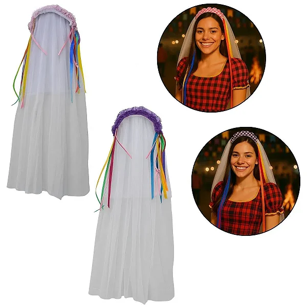Véu de Noiva Festa Junina com Fitas Coloridas – Acessório Quadrilha - 1 Unidade