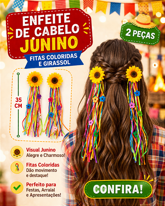 Presilha Junina com Fitas Coloridas e Girassol 2 Peças