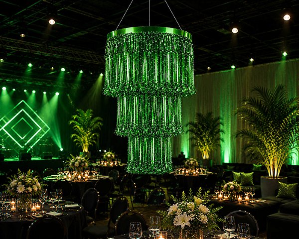 Enfeite De Teto Lustre Metalizado Grande Com Franja Verde - 80cm