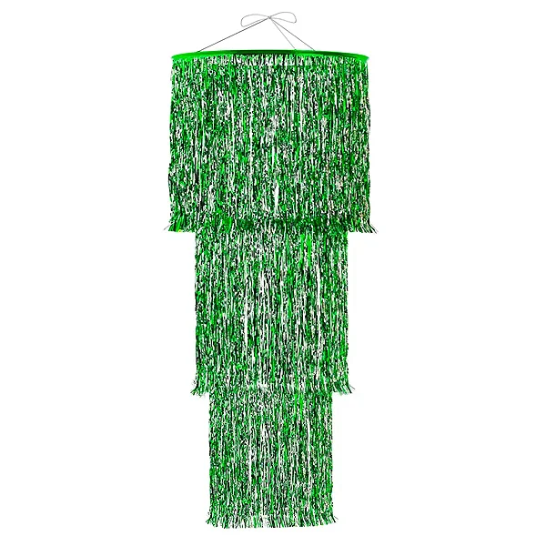 Enfeite De Teto Lustre Metalizado Grande Com Franja Verde - 80cm
