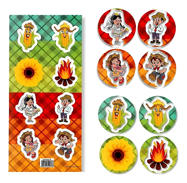Adesivos Redondos Festa Junina – 2 Cartelas Com 8 Adesivos Cada (16 no total)