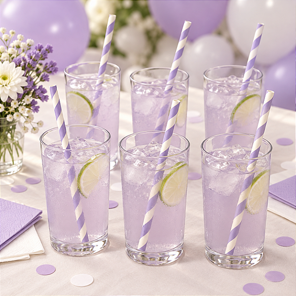 Canudo De Papel Biodegradável Lilás Listrado - 6x200 mm - 12 Unidades
