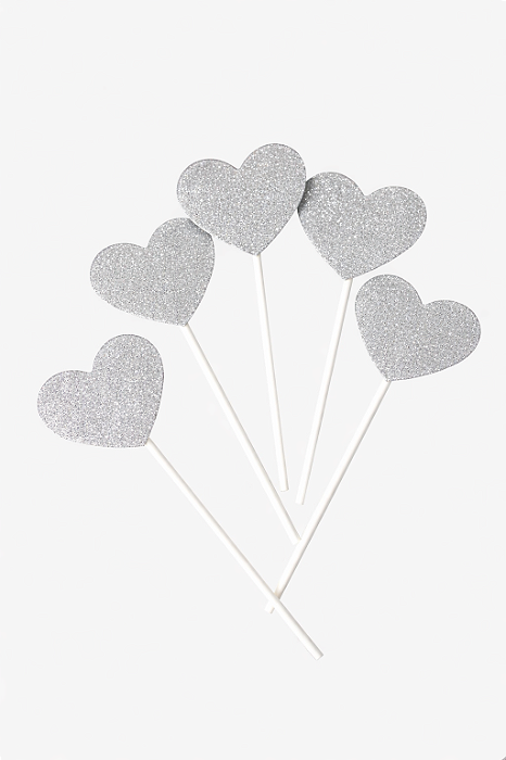 Topo de Coração Prata 11cm com Palito – Kit com 5 Unidades
